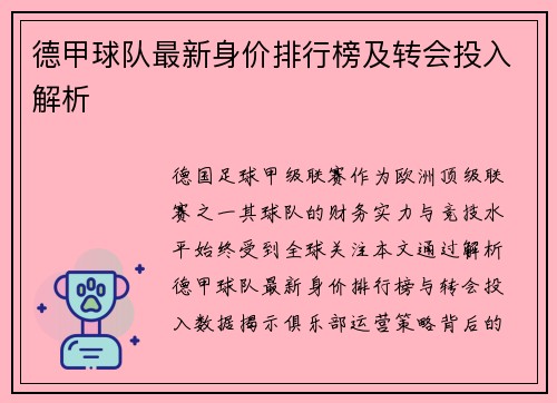 德甲球队最新身价排行榜及转会投入解析